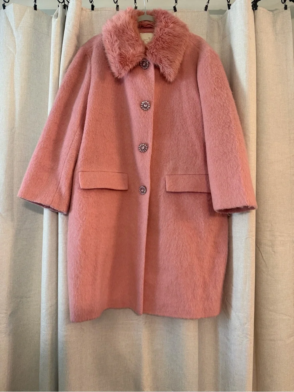 Kate Spade Fur Collar Pink Tulip Wool Blend Jewel button Pea Coat
